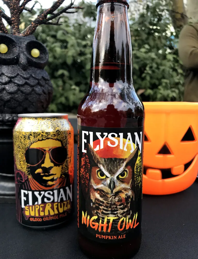 elysian beer bottle on table, Brewfari