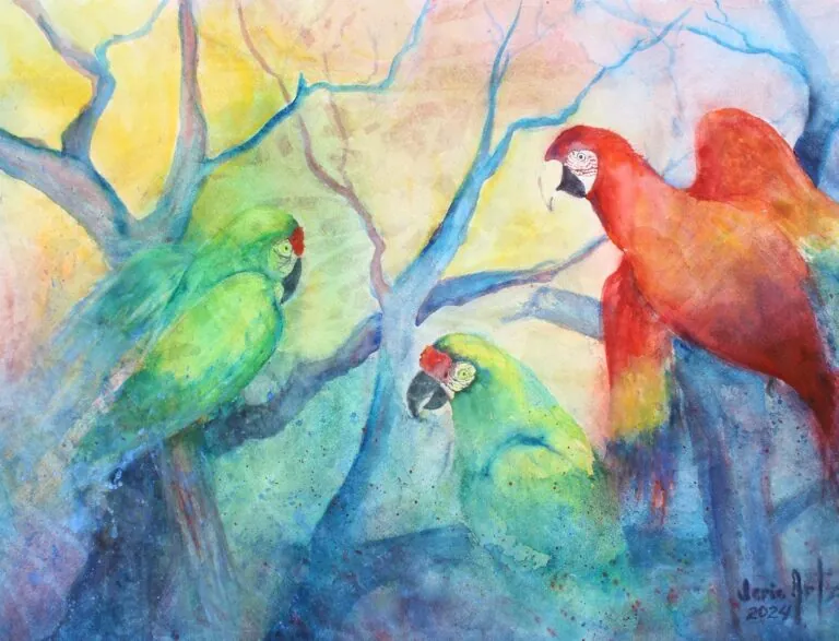 painting of macaws in trees