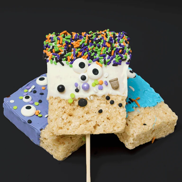 chocolate dipped rice crispy treats with monster eyes